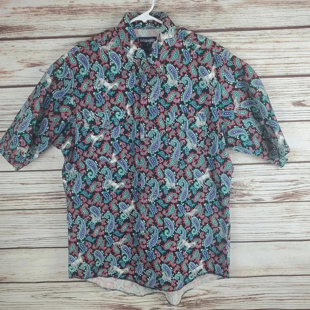 Wrangler 16 1/2 X-Long Tails Vtg Paisley/Horse Print Button Down Western Shirt